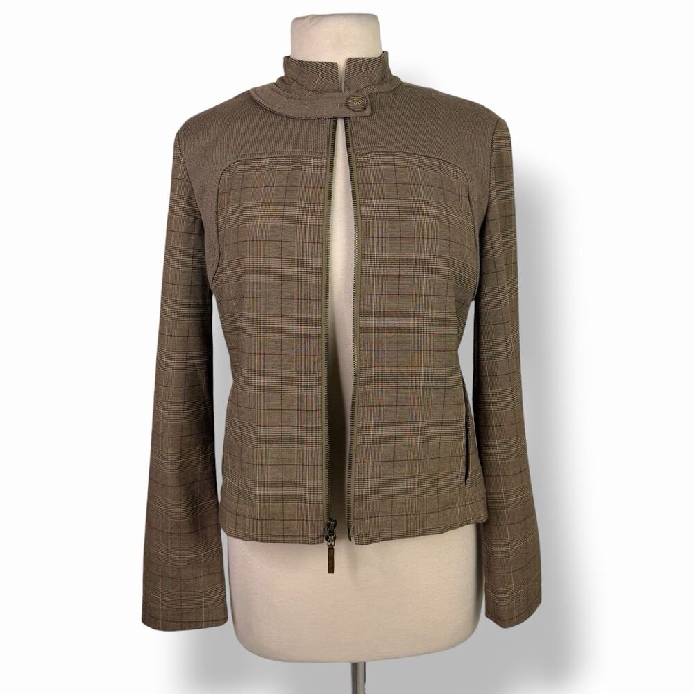 St John Sport Vintage Plaid Mock Neck Zip Jacket Blazer Petite P/S Quiet Luxury